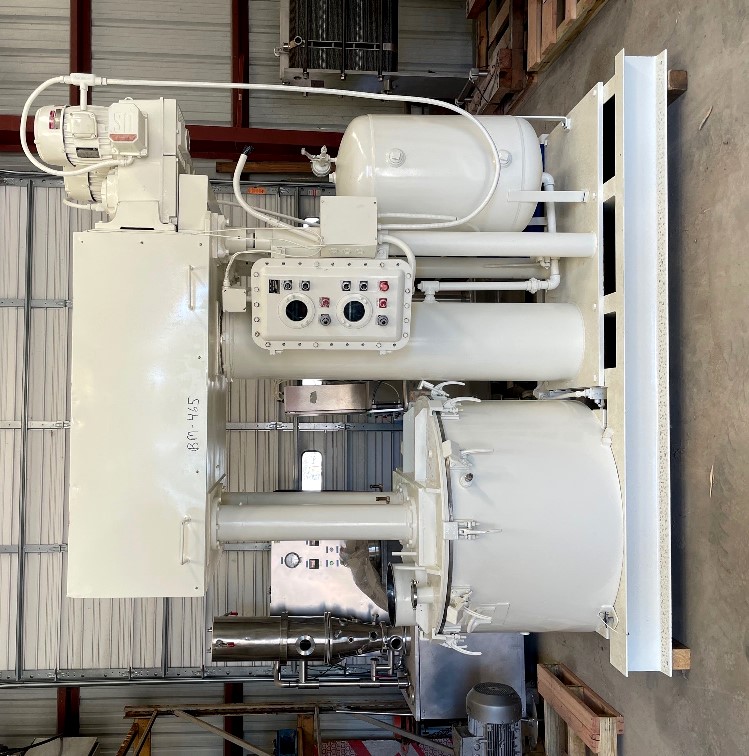 Used Ross Model PVM-150 dual shaft stainless steel vacuum mixer. 150 gallon. Has sweep mixer with scraper blades and high speed disperser. (2) 10 HP, 230/460 volt XP motors. Unit is set up for Explosion Proof (XP) environment. S/N 41909. Stainless steel jacketed change can approx. 44